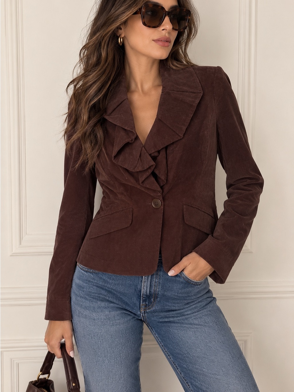 BCBGMaxAzria Dark Brown Ruffled Collar Blazer Size S Vintage Y2K